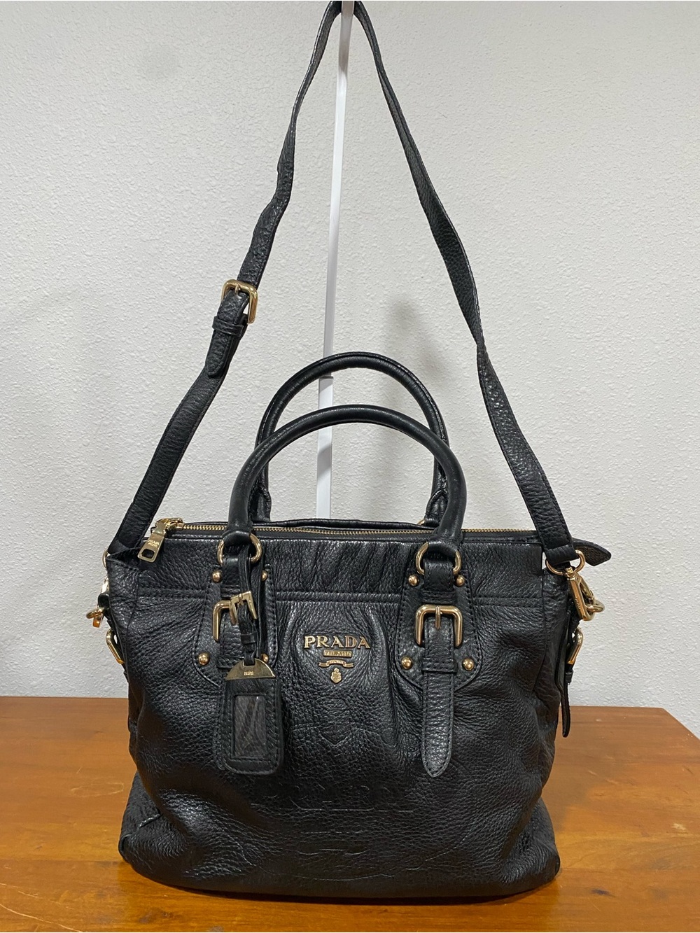 Black Leather Shoulder Satchel with Gold Hardware